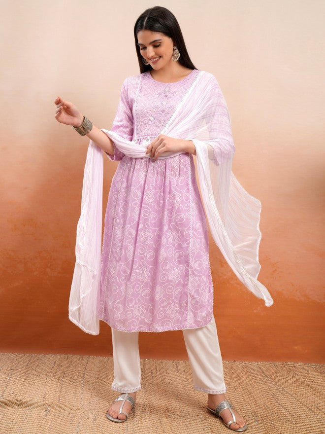 Vishudh Women Lavender Embroidered Kurta With Trouser And Dupatta - Lavender - Image 2