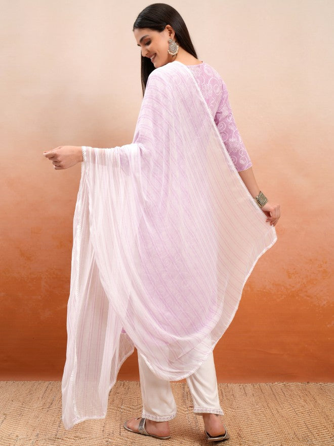Vishudh Women Lavender Embroidered Kurta With Trouser And Dupatta - Lavender - Image 3