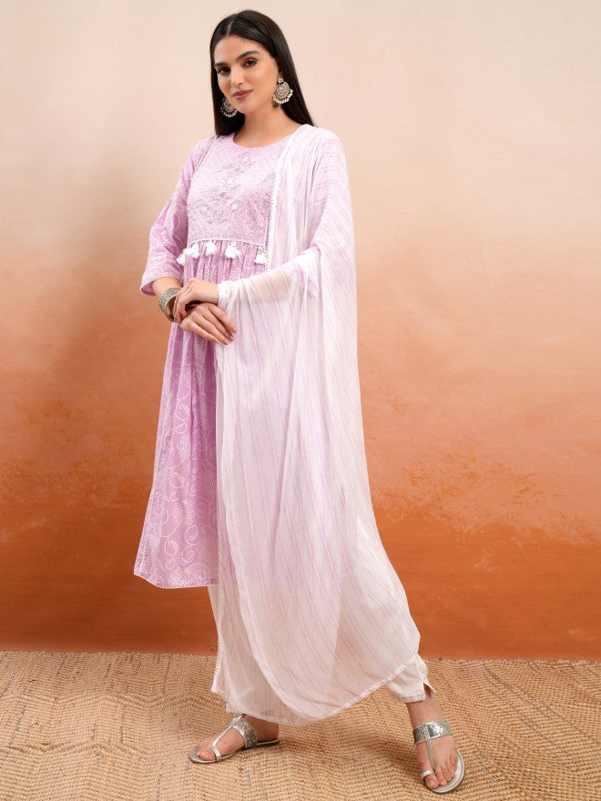 Vishudh Women Lavender Embroidered Kurta With Trouser And Dupatta - Lavender - Image 4