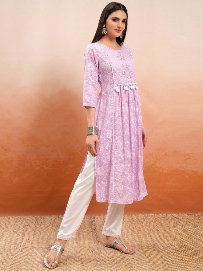 Vishudh Women Lavender Embroidered Kurta With Trouser And Dupatta - Lavender - Image 6