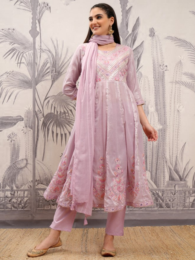 Vishudh Women Mauve Embroidered Kurta With Trouser And Dupatta - Mauve - Image 2