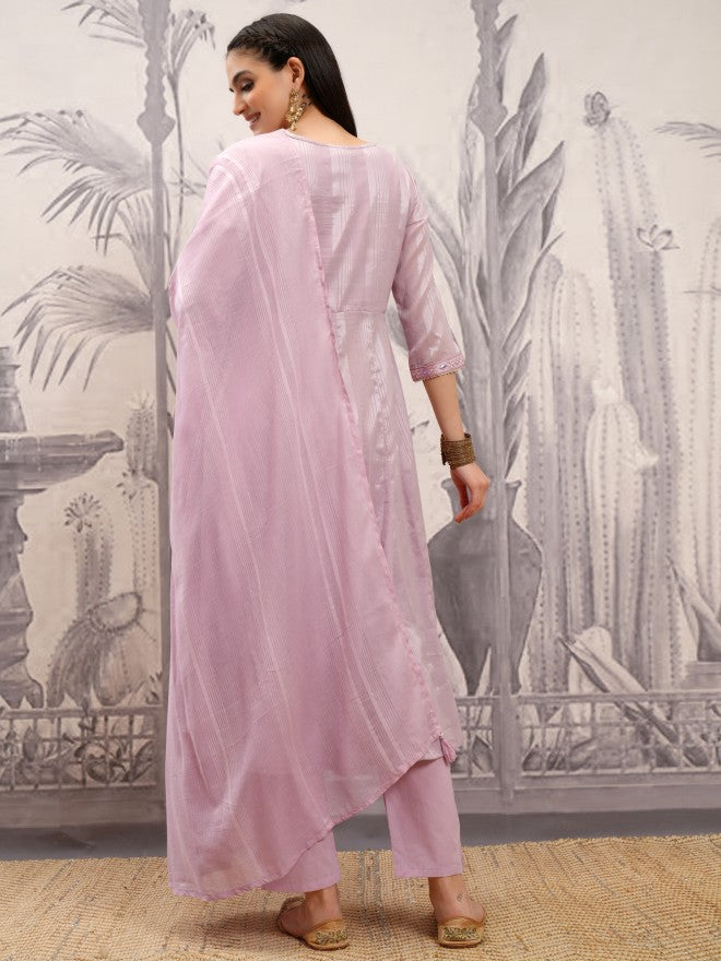 Vishudh Women Mauve Embroidered Kurta With Trouser And Dupatta - Mauve - Image 3