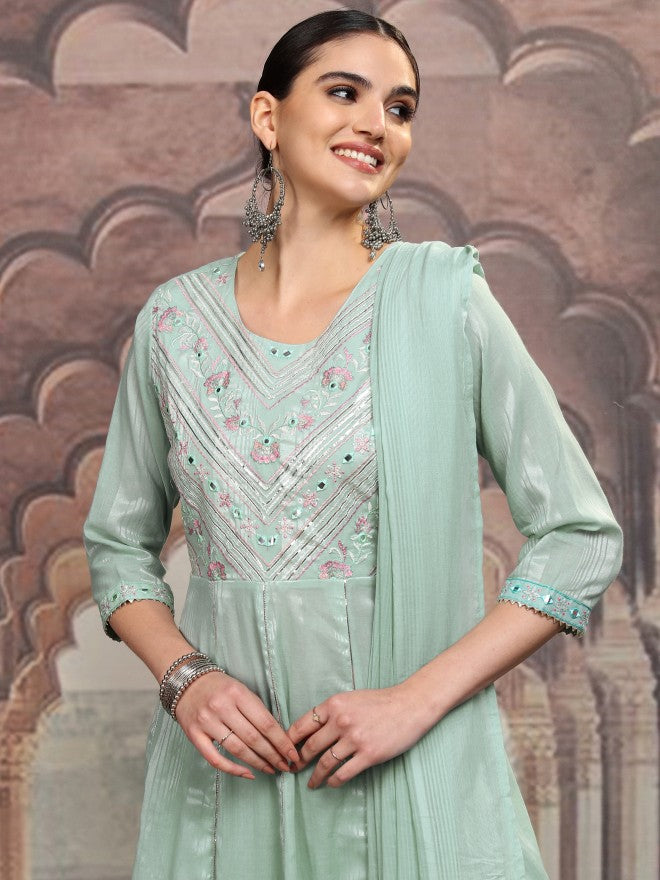 Vishudh Women Green Embroidered Kurta With Trouser And Dupatta - Green - Image 1