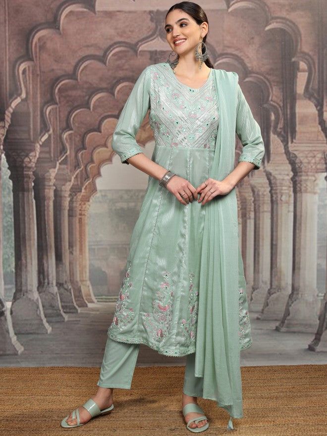 Vishudh Women Green Embroidered Kurta With Trouser And Dupatta - Green - Image 2