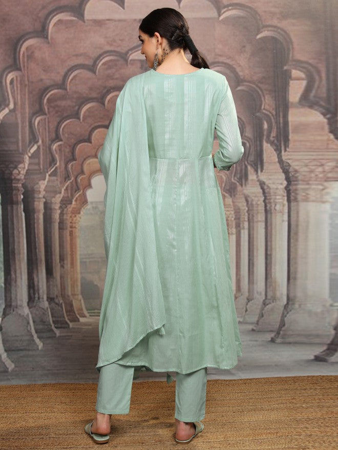 Vishudh Women Green Embroidered Kurta With Trouser And Dupatta - Green - Image 3