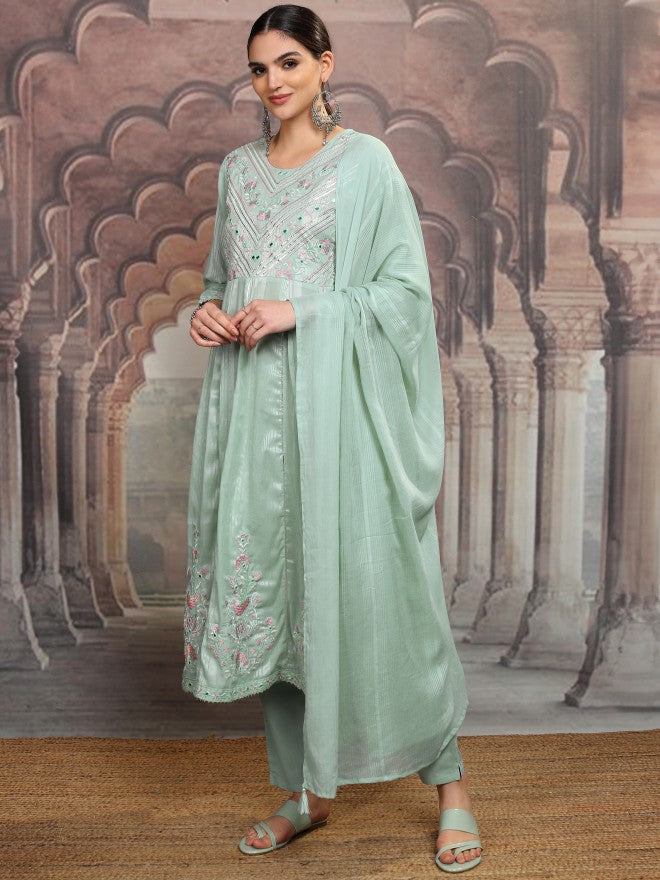 Vishudh Women Green Embroidered Kurta With Trouser And Dupatta - Green - Image 4