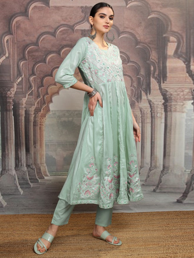 Vishudh Women Green Embroidered Kurta With Trouser And Dupatta - Green - Image 6