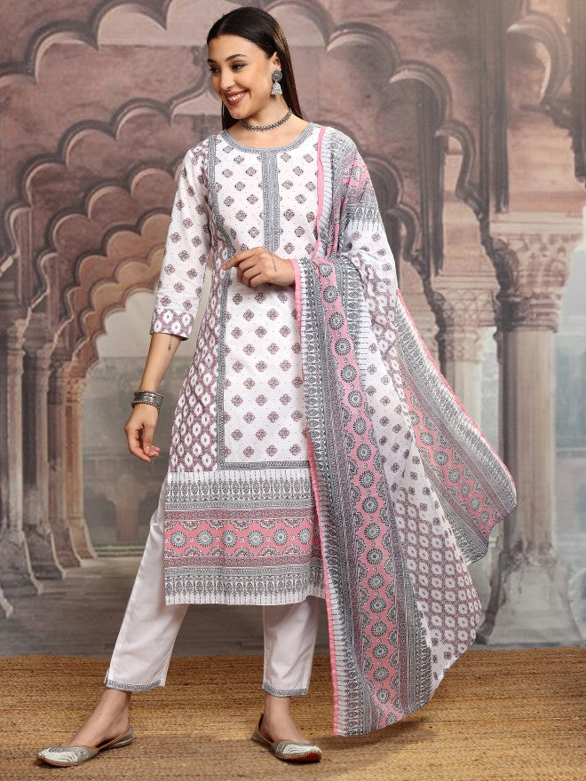 Vishudh Women White Printed Kurta With Trouser And Dupatta - White - Image 2