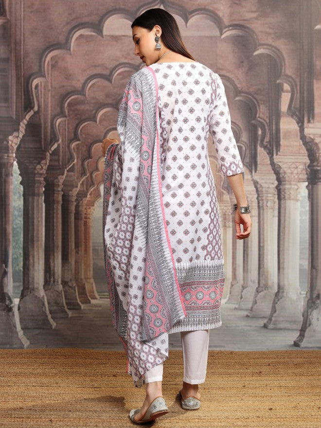 Vishudh Women White Printed Kurta With Trouser And Dupatta - White - Image 3