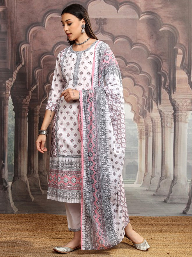 Vishudh Women White Printed Kurta With Trouser And Dupatta - White - Image 4