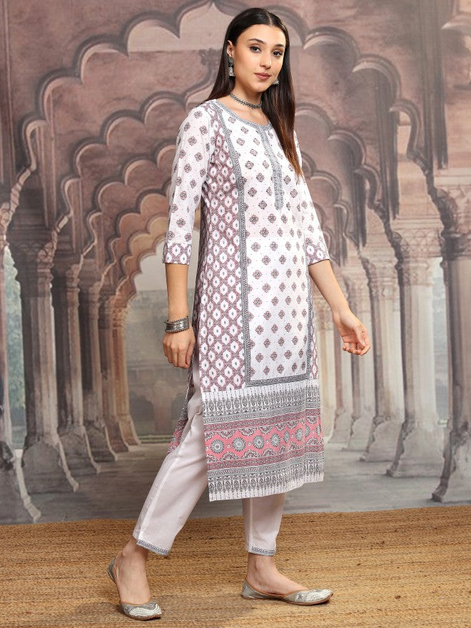 Vishudh Women White Printed Kurta With Trouser And Dupatta - White - Image 6
