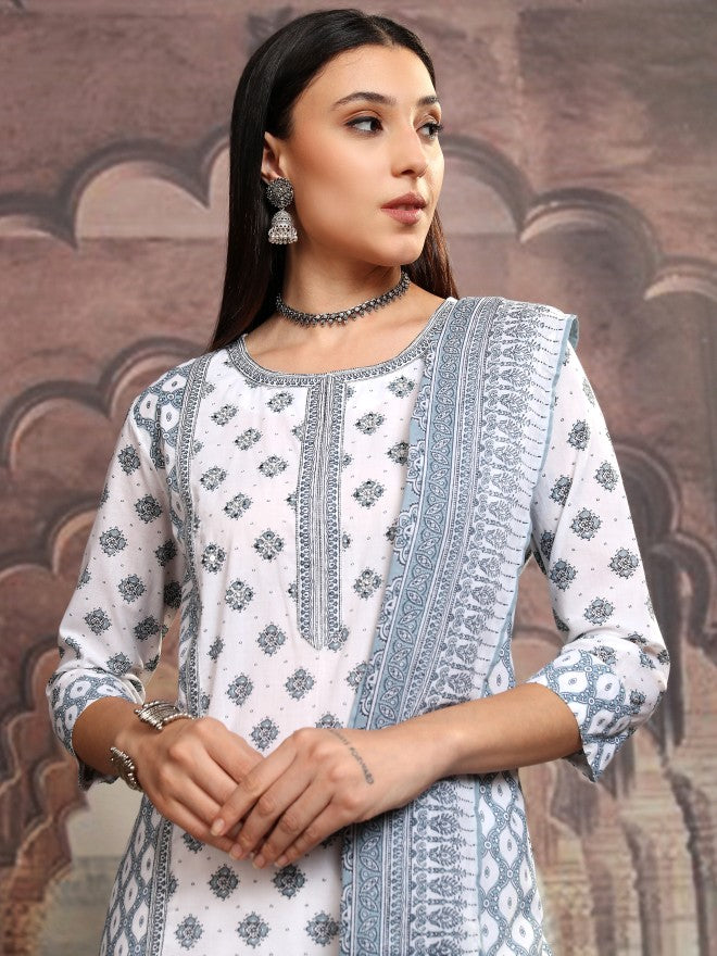 Vishudh Women White Printed Kurta With Trouser And Dupatta - White - Image 1