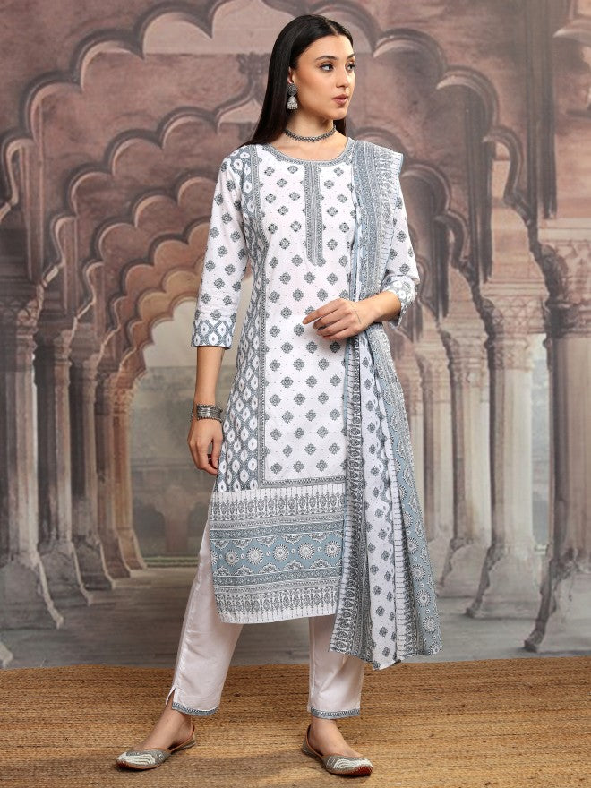 Vishudh Women White Printed Kurta With Trouser And Dupatta - White - Image 2