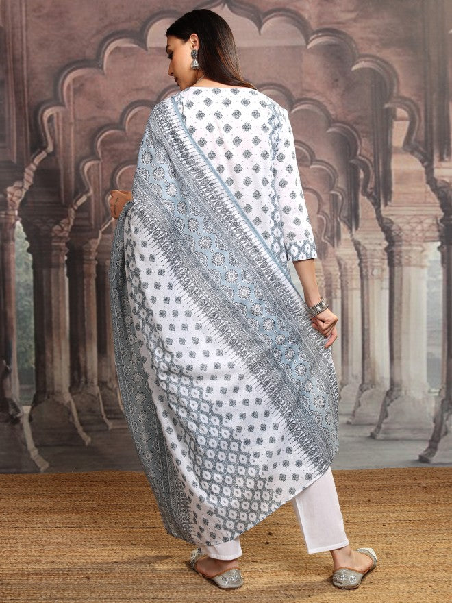 Vishudh Women White Printed Kurta With Trouser And Dupatta - White - Image 3
