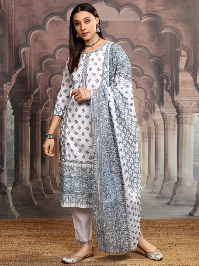 Vishudh Women White Printed Kurta With Trouser And Dupatta - White - Image 4