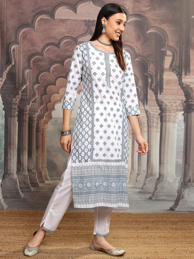 Vishudh Women White Printed Kurta With Trouser And Dupatta - White - Image 6