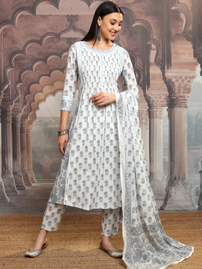 Vishudh Women Blue Printed Kurta With Trouser And Dupatta - Blue - Image 2