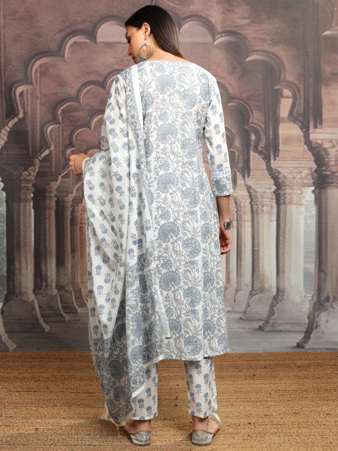 Vishudh Women Blue Printed Kurta With Trouser And Dupatta - Blue - Image 3