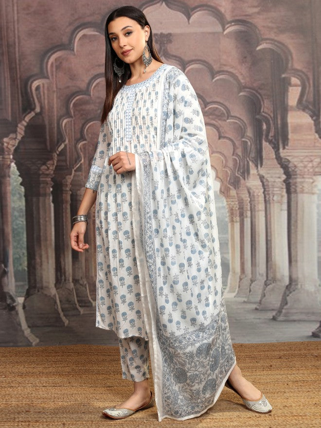 Vishudh Women Blue Printed Kurta With Trouser And Dupatta - Blue - Image 4