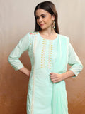 Vishudh Women Green Embroidered Kurta With Trouser And Dupatta - Green - Image 1