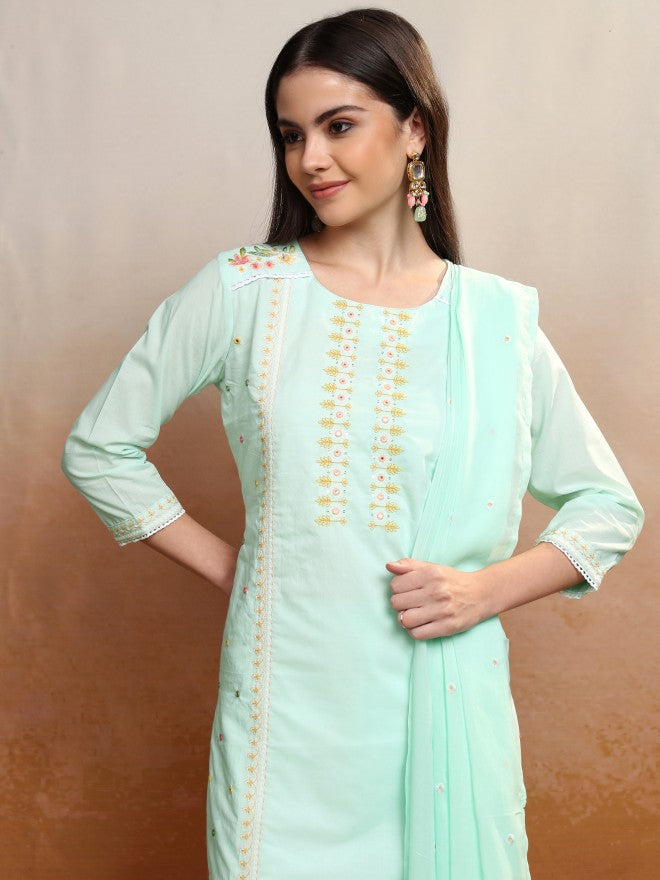 Vishudh Women Green Embroidered Kurta With Trouser And Dupatta - Green - Image 1