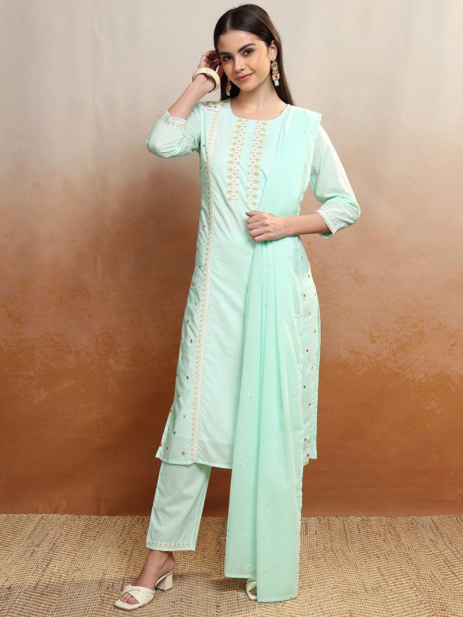 Vishudh Women Green Embroidered Kurta With Trouser And Dupatta - Green - Image 2