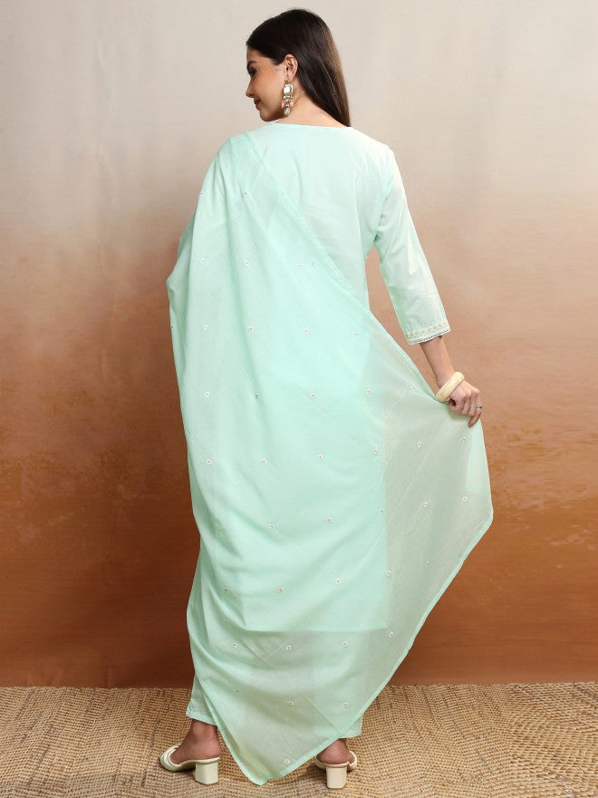 Vishudh Women Green Embroidered Kurta With Trouser And Dupatta - Green - Image 3