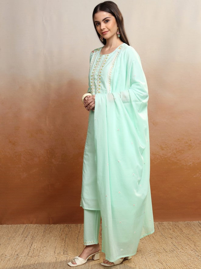 Vishudh Women Green Embroidered Kurta With Trouser And Dupatta - Green - Image 4