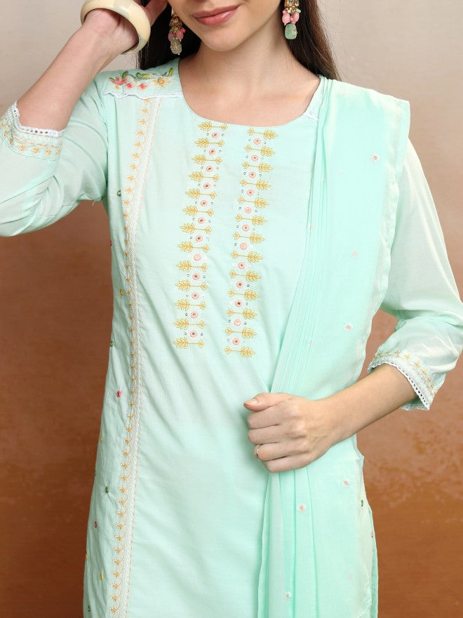 Vishudh Women Green Embroidered Kurta With Trouser And Dupatta - Green - Image 5