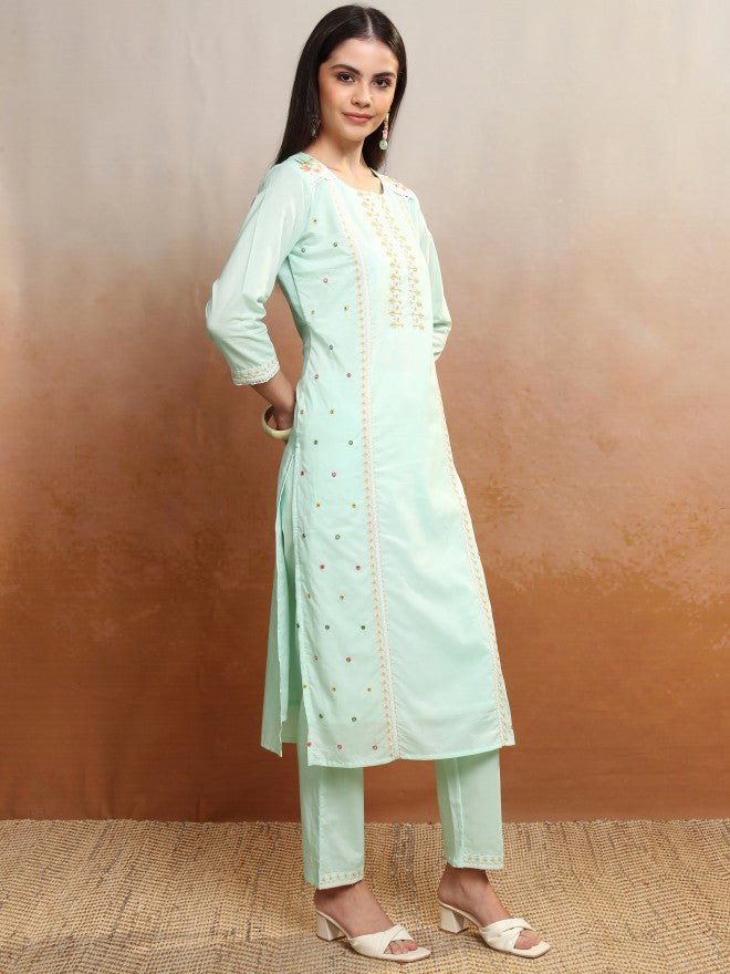Vishudh Women Green Embroidered Kurta With Trouser And Dupatta - Green - Image 6