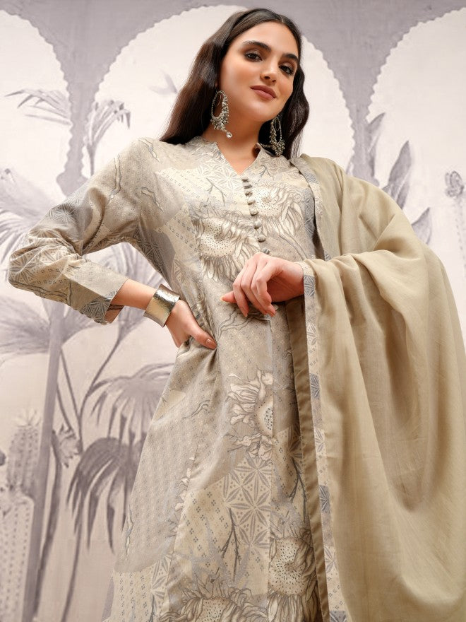 Vishudh Women Grey Printed Kurta With Trousers And Dupatta - Grey - Image 1