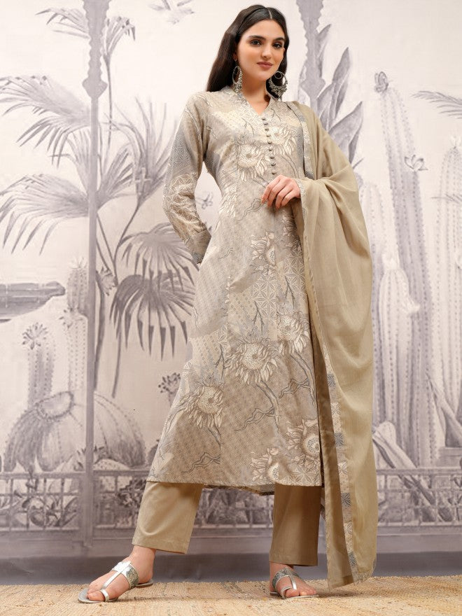 Vishudh Women Grey Printed Kurta With Trousers And Dupatta - Grey - Image 2
