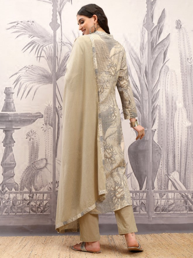 Vishudh Women Grey Printed Kurta With Trousers And Dupatta - Grey - Image 3
