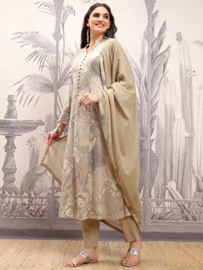 Vishudh Women Grey Printed Kurta With Trousers And Dupatta - Grey - Image 4