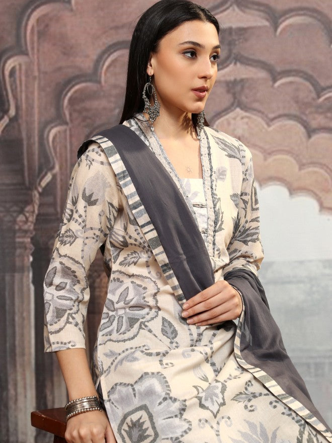 Vishudh Women Grey Printed Kurta With Trousers And Dupatta - Grey - Image 1
