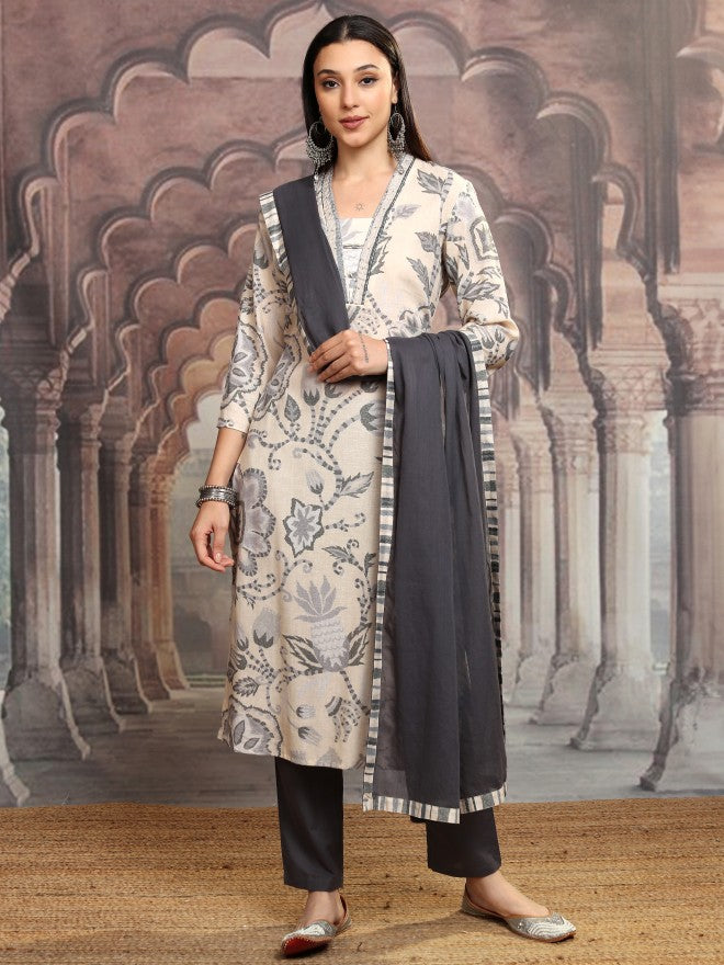 Vishudh Women Grey Printed Kurta With Trousers And Dupatta - Grey - Image 2