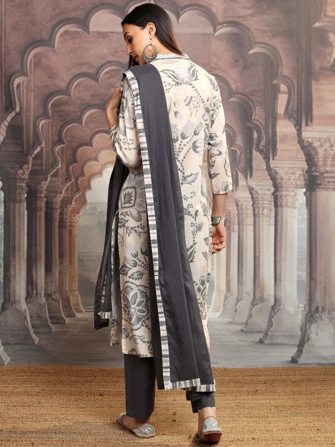 Vishudh Women Grey Printed Kurta With Trousers And Dupatta - Grey - Image 3