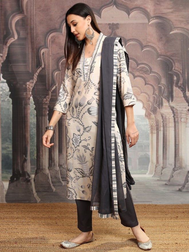 Vishudh Women Grey Printed Kurta With Trousers And Dupatta - Grey - Image 4
