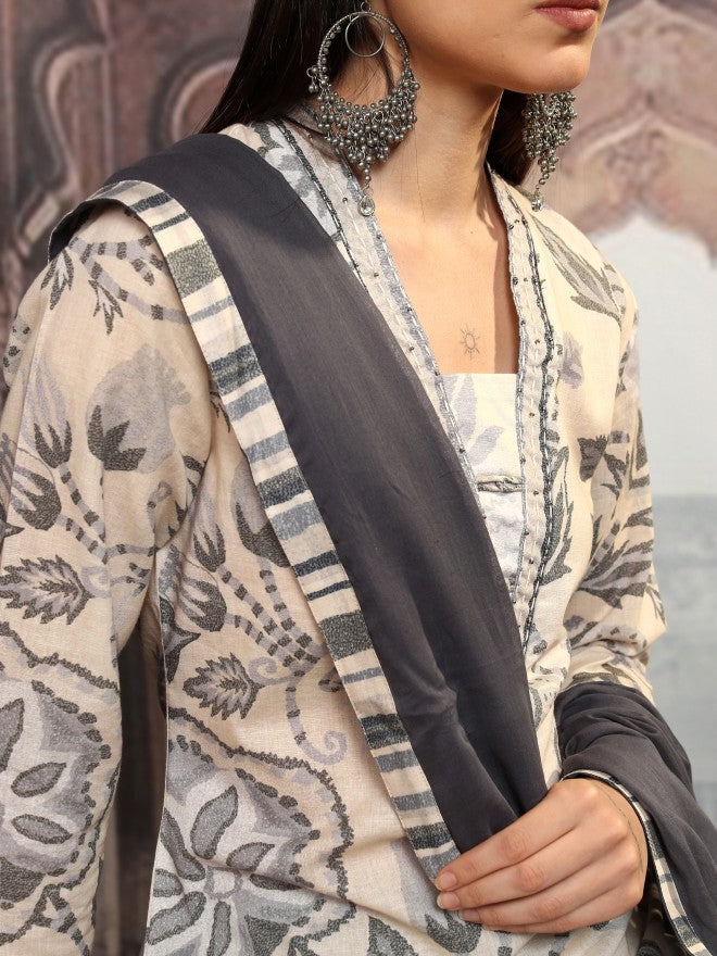 Vishudh Women Grey Printed Kurta With Trousers And Dupatta - Grey - Image 5