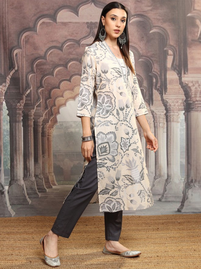 Vishudh Women Grey Printed Kurta With Trousers And Dupatta - Grey - Image 6