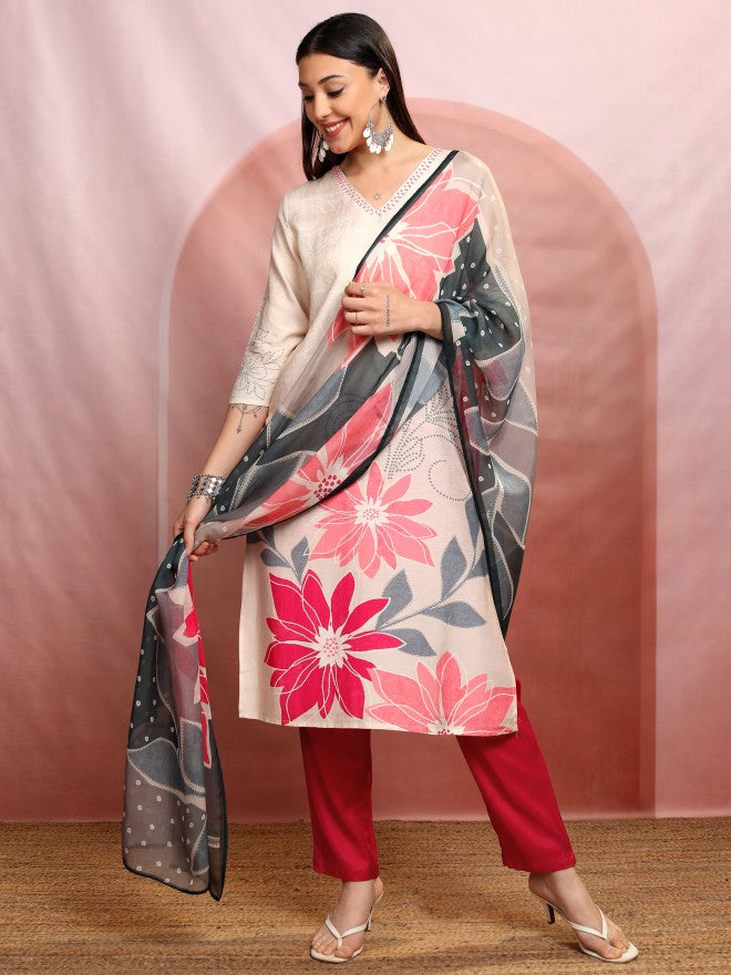 Vishudh Women Off White Printed Kurta With Trousers And Dupatta - Off White - Image 2