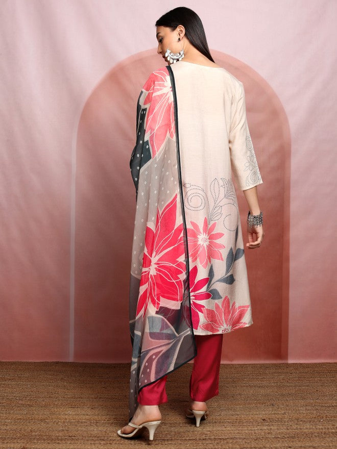 Vishudh Women Off White Printed Kurta With Trousers And Dupatta - Off White - Image 3