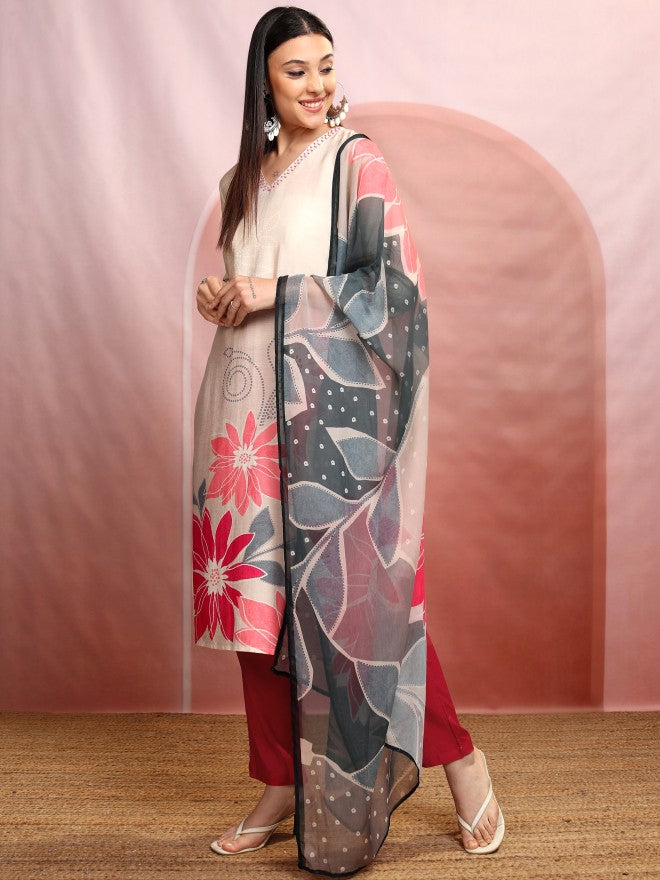 Vishudh Women Off White Printed Kurta With Trousers And Dupatta - Off White - Image 4