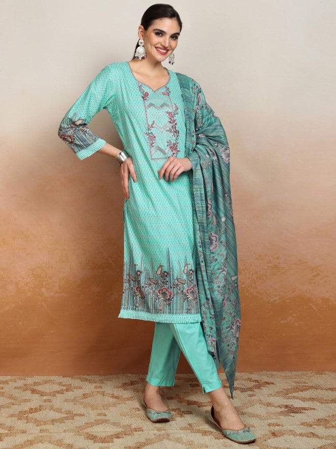 Vishudh Women Blue Embroidered Kurta With Trouser And Dupatta - Blue - Image 1