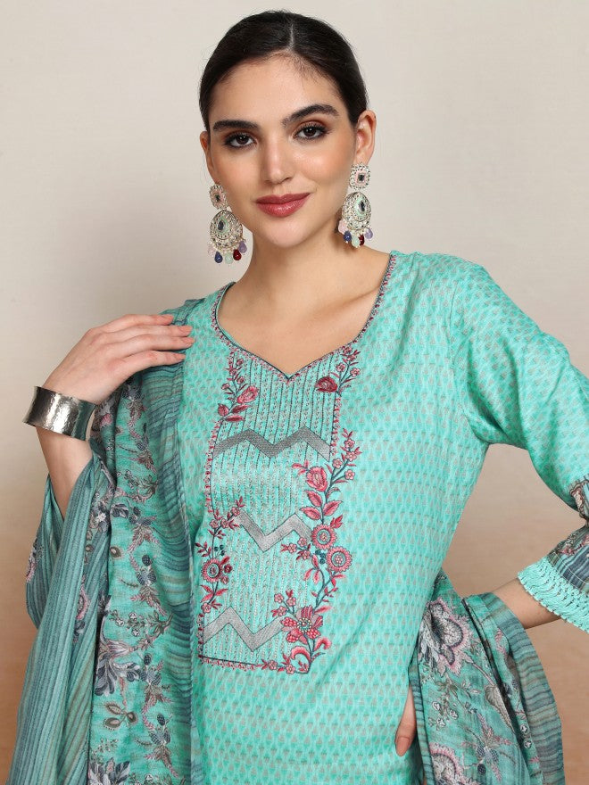 Vishudh Women Blue Embroidered Kurta With Trouser And Dupatta - Blue - Image 2