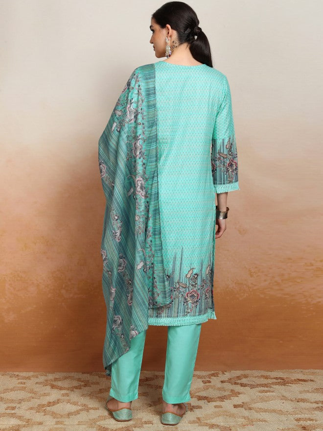 Vishudh Women Blue Embroidered Kurta With Trouser And Dupatta - Blue - Image 3