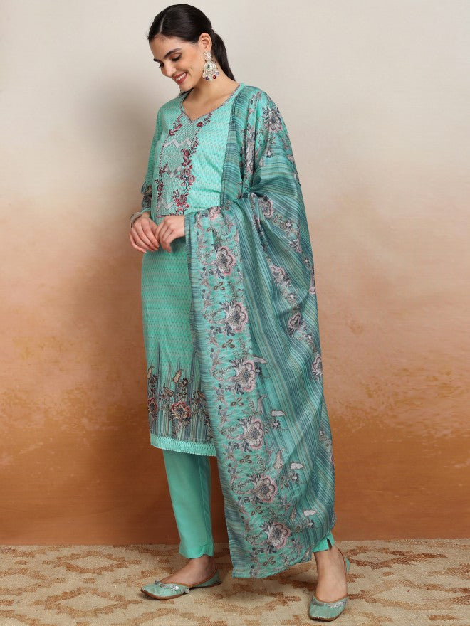 Vishudh Women Blue Embroidered Kurta With Trouser And Dupatta - Blue - Image 4