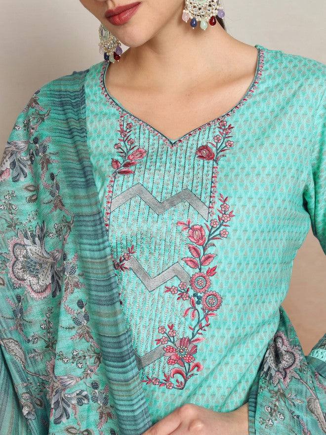 Vishudh Women Blue Embroidered Kurta With Trouser And Dupatta - Blue - Image 5
