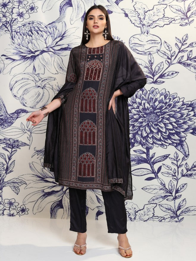 Vishudh Women Blue Printed Kurta With Trouser And Dupatta - Blue - Image 2