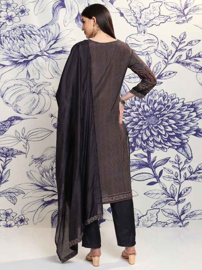 Vishudh Women Blue Printed Kurta With Trouser And Dupatta - Blue - Image 3